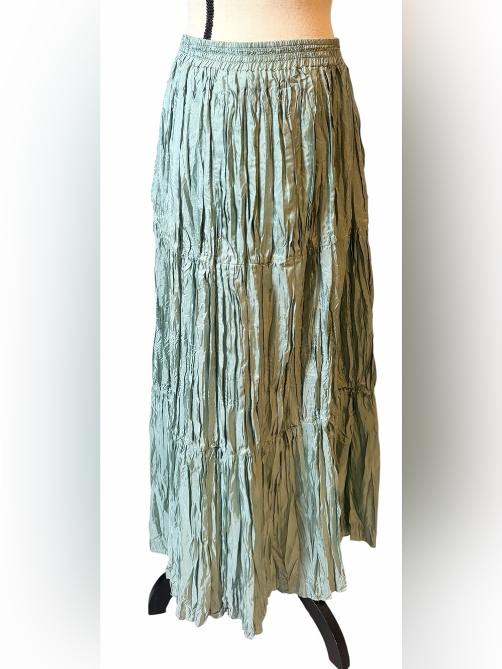 Soji 100% Silk Crinkled Tiered Midi Skirt - Sage Mint Green - Size Large - Picture 3 of 11